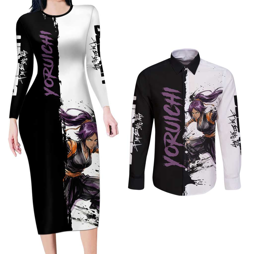 Personalized Yoruichi Shihouin Couples Matching Long Sleeve Bodycon Dress and Long Sleeve Button Shirt Ink Splash Anime Brush Style