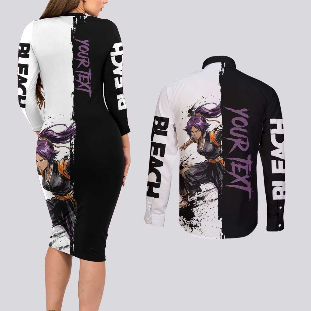 Personalized Yoruichi Shihouin Couples Matching Long Sleeve Bodycon Dress and Long Sleeve Button Shirt Ink Splash Anime Brush Style