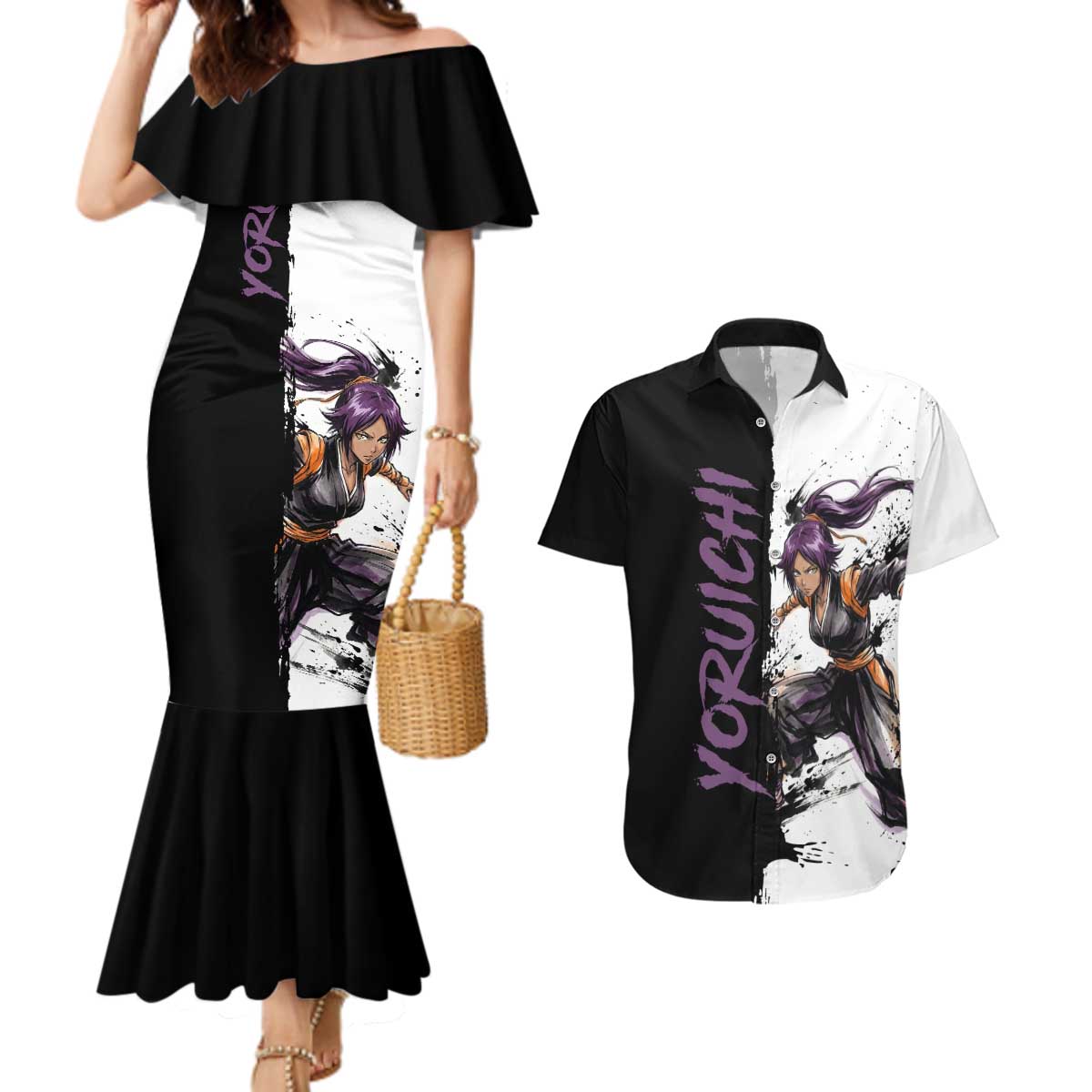 Personalized Yoruichi Shihouin Couples Matching Mermaid Dress and Hawaiian Shirt Ink Splash Anime Brush Style