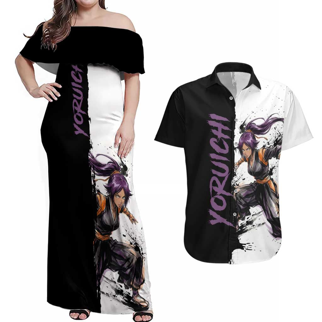 Personalized Yoruichi Shihouin Couples Matching Off Shoulder Maxi Dress and Hawaiian Shirt Ink Splash Anime Brush Style