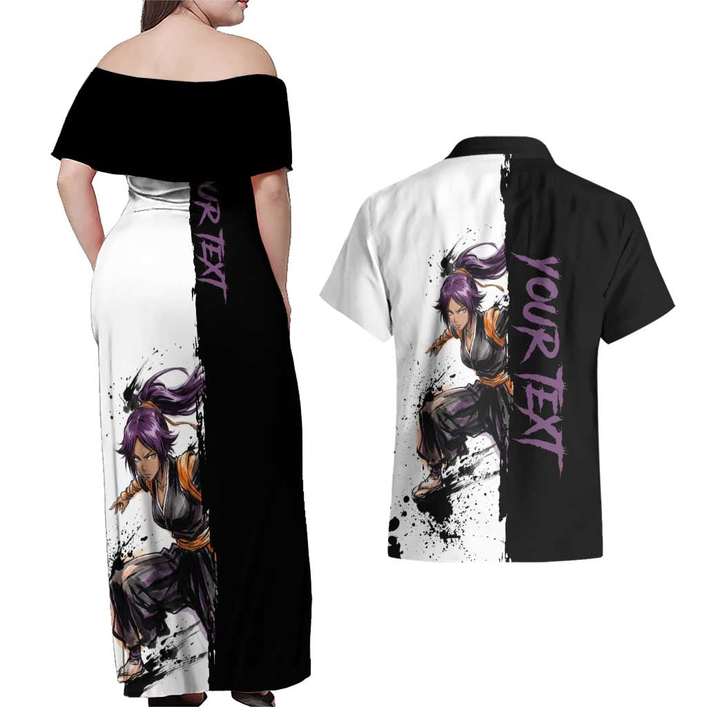 Personalized Yoruichi Shihouin Couples Matching Off Shoulder Maxi Dress and Hawaiian Shirt Ink Splash Anime Brush Style