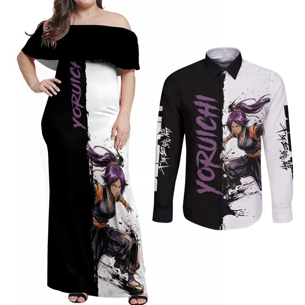 Personalized Yoruichi Shihouin Couples Matching Off Shoulder Maxi Dress and Long Sleeve Button Shirt Ink Splash Anime Brush Style
