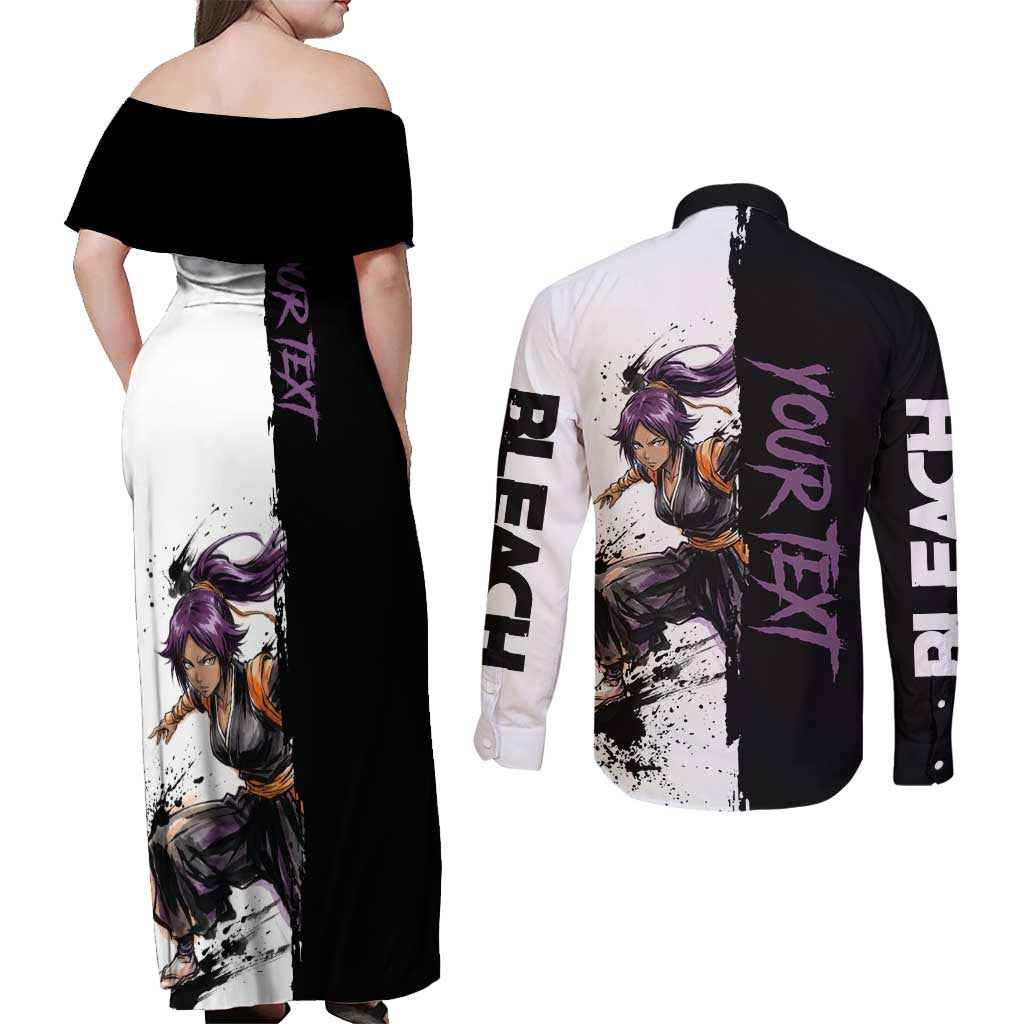 Personalized Yoruichi Shihouin Couples Matching Off Shoulder Maxi Dress and Long Sleeve Button Shirt Ink Splash Anime Brush Style