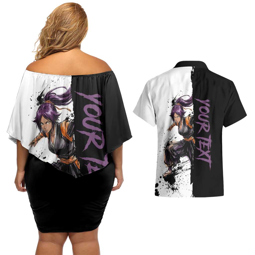 Personalized Yoruichi Shihouin Couples Matching Off Shoulder Short Dress and Hawaiian Shirt Ink Splash Anime Brush Style