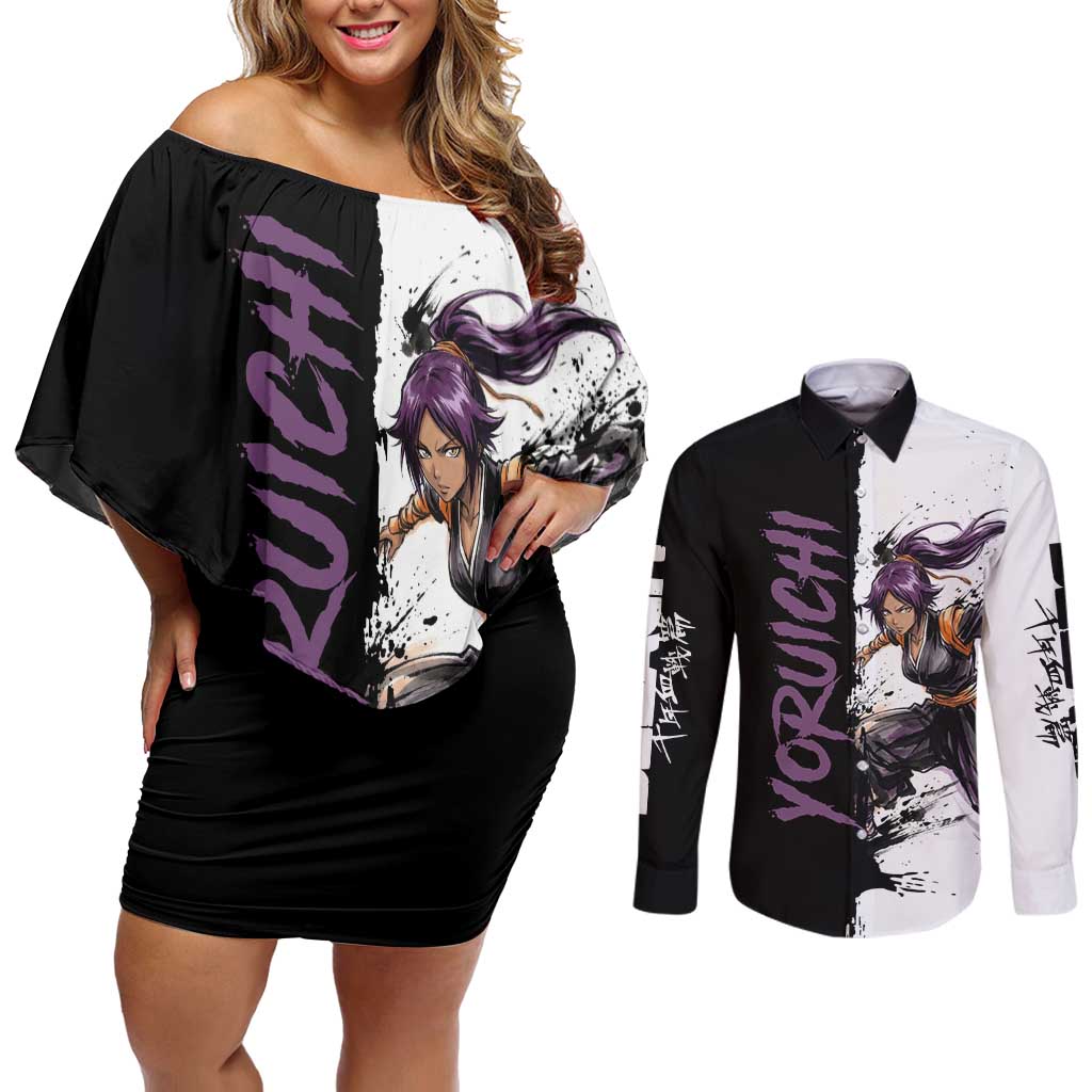 Personalized Yoruichi Shihouin Couples Matching Off Shoulder Short Dress and Long Sleeve Button Shirt Ink Splash Anime Brush Style
