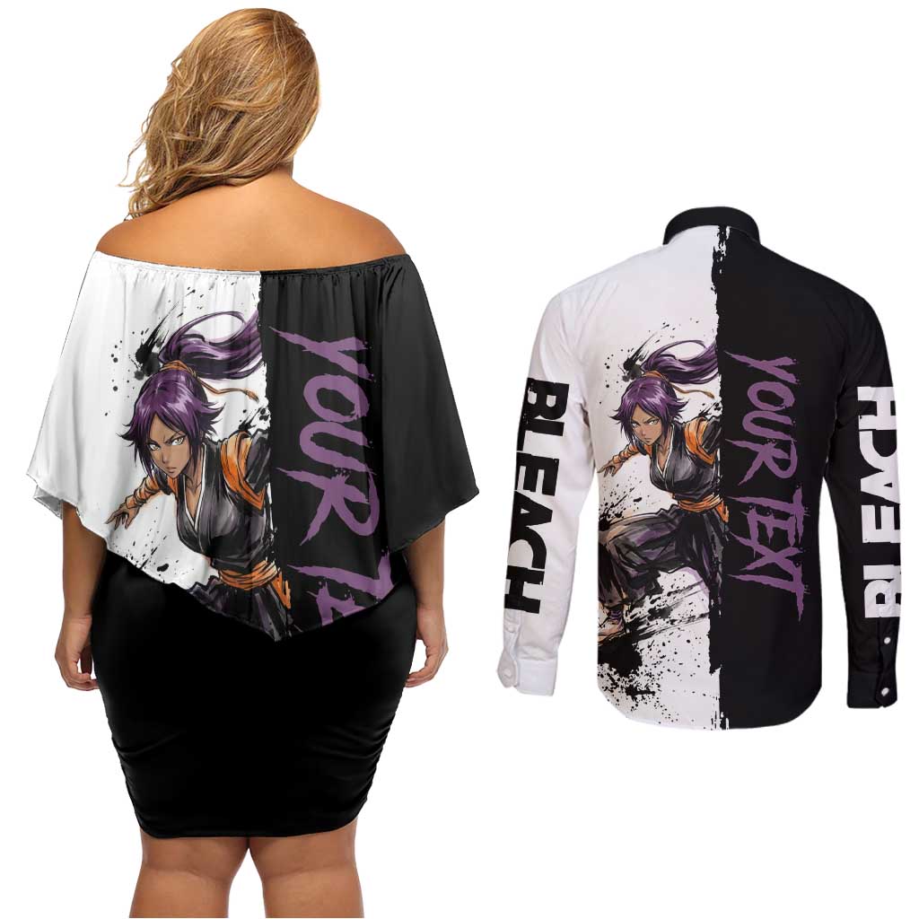 Personalized Yoruichi Shihouin Couples Matching Off Shoulder Short Dress and Long Sleeve Button Shirt Ink Splash Anime Brush Style