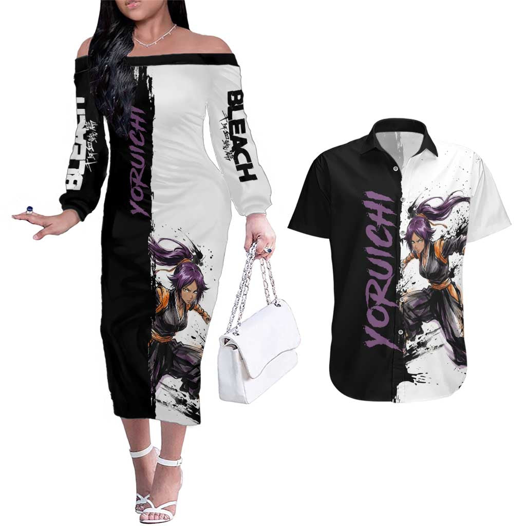 Personalized Yoruichi Shihouin Couples Matching Off The Shoulder Long Sleeve Dress and Hawaiian Shirt Ink Splash Anime Brush Style