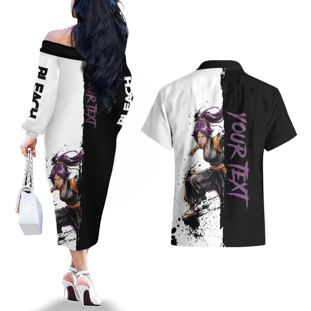Personalized Yoruichi Shihouin Couples Matching Off The Shoulder Long Sleeve Dress and Hawaiian Shirt Ink Splash Anime Brush Style