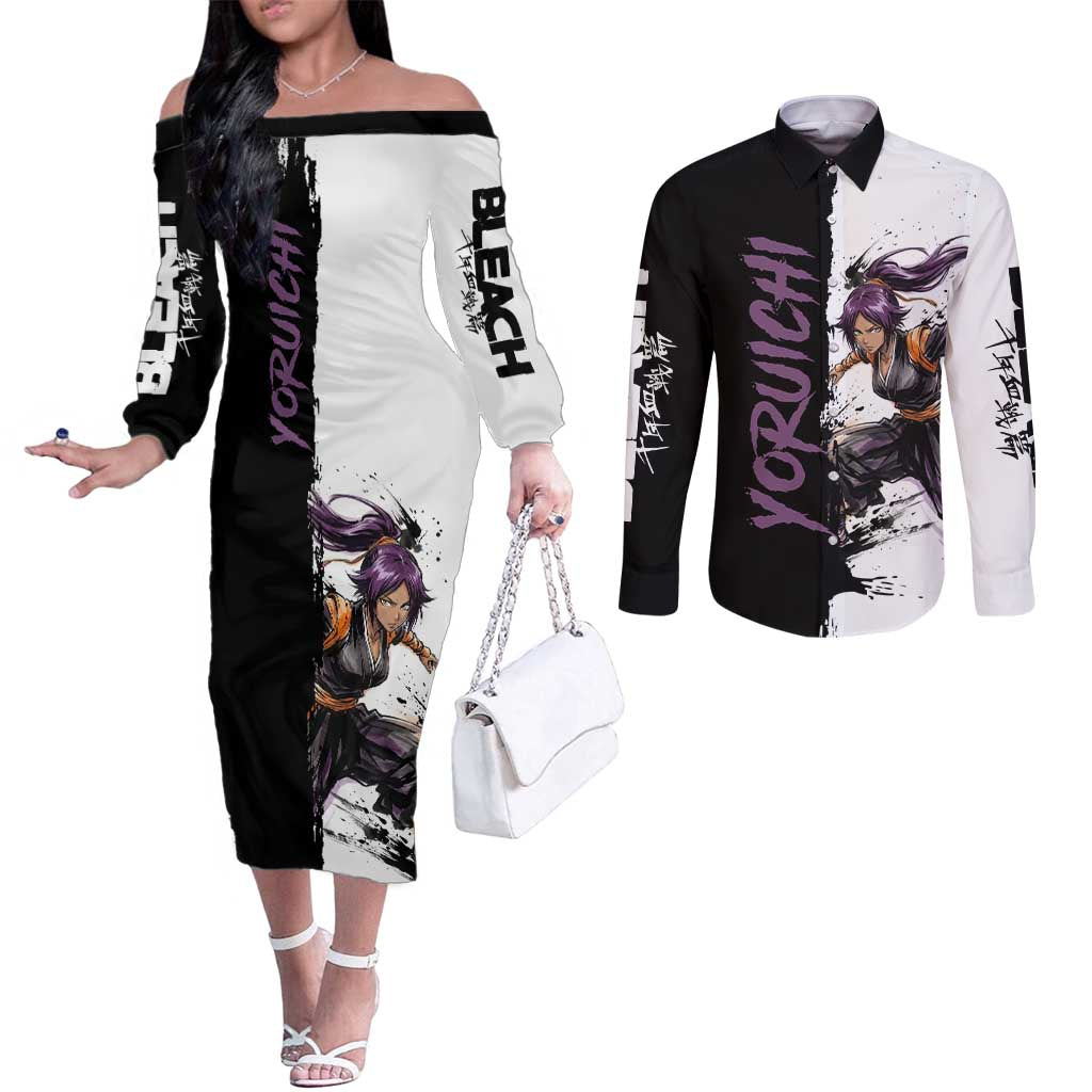 Personalized Yoruichi Shihouin Couples Matching Off The Shoulder Long Sleeve Dress and Long Sleeve Button Shirt Ink Splash Anime Brush Style