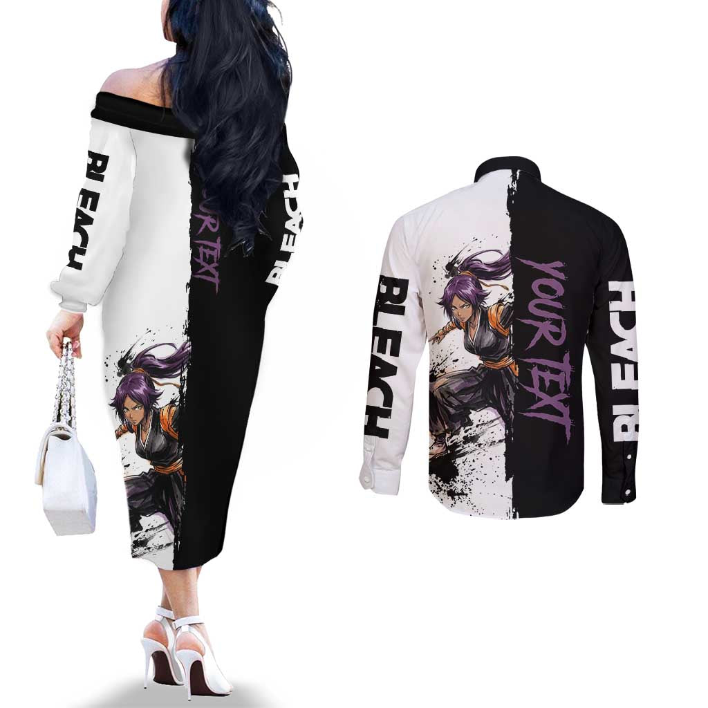 Personalized Yoruichi Shihouin Couples Matching Off The Shoulder Long Sleeve Dress and Long Sleeve Button Shirt Ink Splash Anime Brush Style
