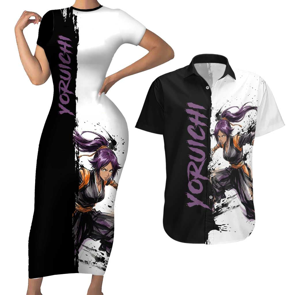Personalized Yoruichi Shihouin Couples Matching Short Sleeve Bodycon Dress and Hawaiian Shirt Ink Splash Anime Brush Style