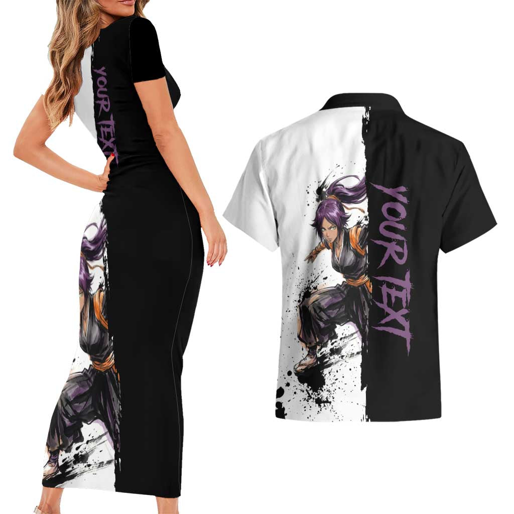 Personalized Yoruichi Shihouin Couples Matching Short Sleeve Bodycon Dress and Hawaiian Shirt Ink Splash Anime Brush Style