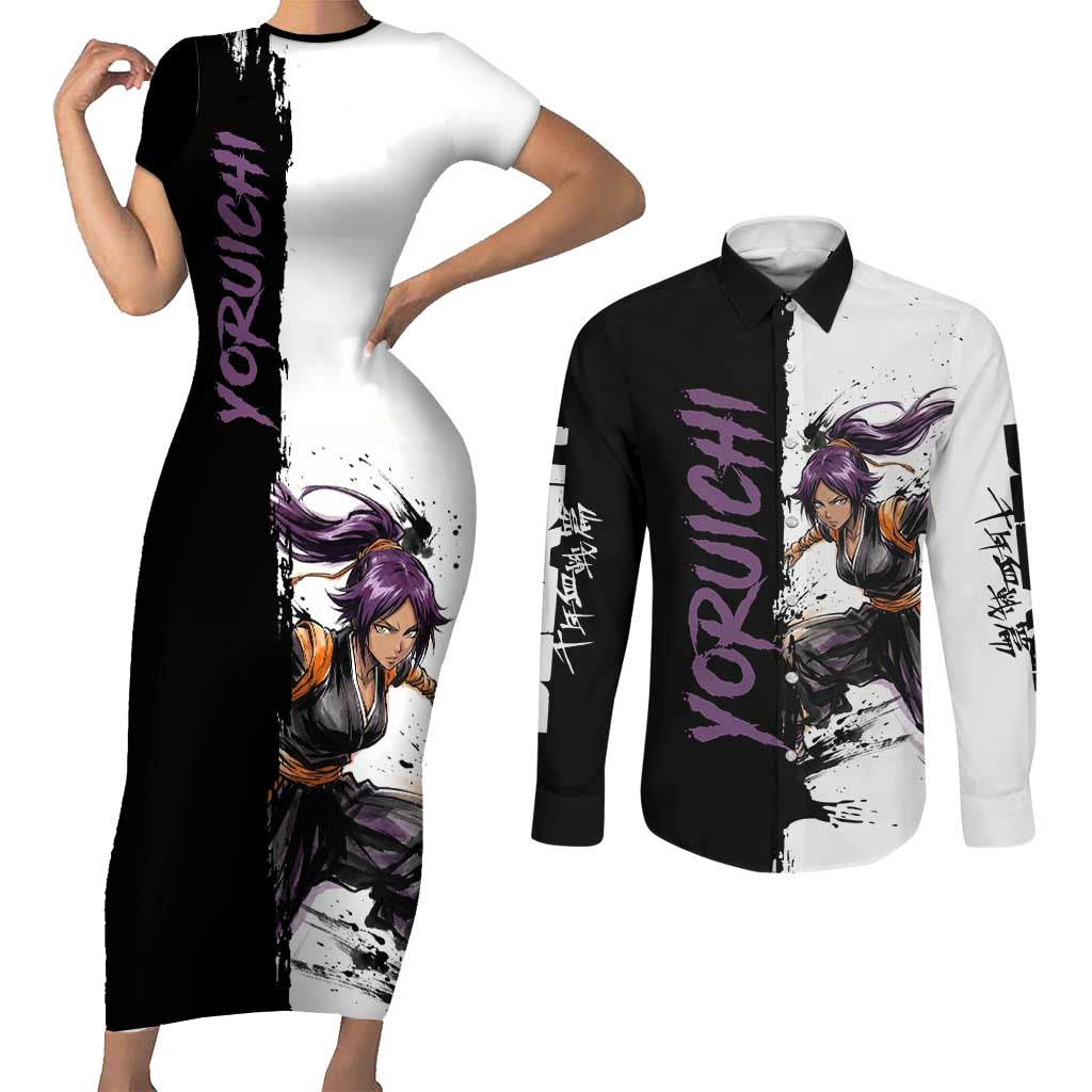 Personalized Yoruichi Shihouin Couples Matching Short Sleeve Bodycon Dress and Long Sleeve Button Shirt Ink Splash Anime Brush Style
