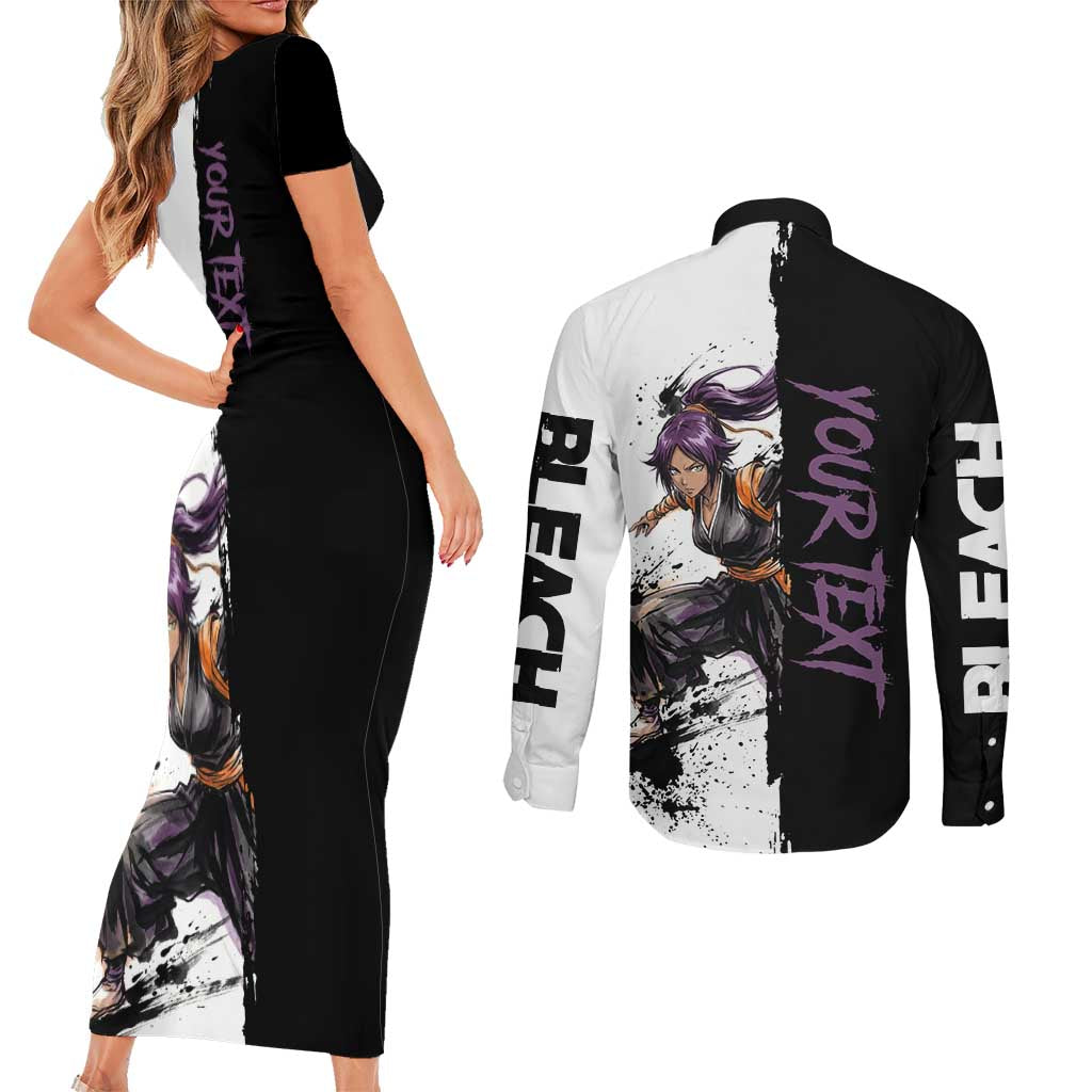 Personalized Yoruichi Shihouin Couples Matching Short Sleeve Bodycon Dress and Long Sleeve Button Shirt Ink Splash Anime Brush Style