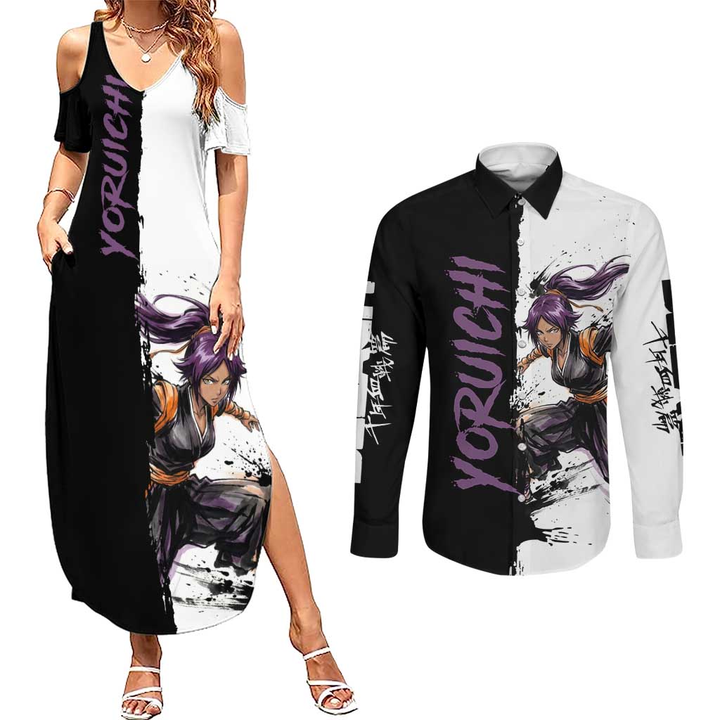 Personalized Yoruichi Shihouin Couples Matching Summer Maxi Dress and Long Sleeve Button Shirt Ink Splash Anime Brush Style