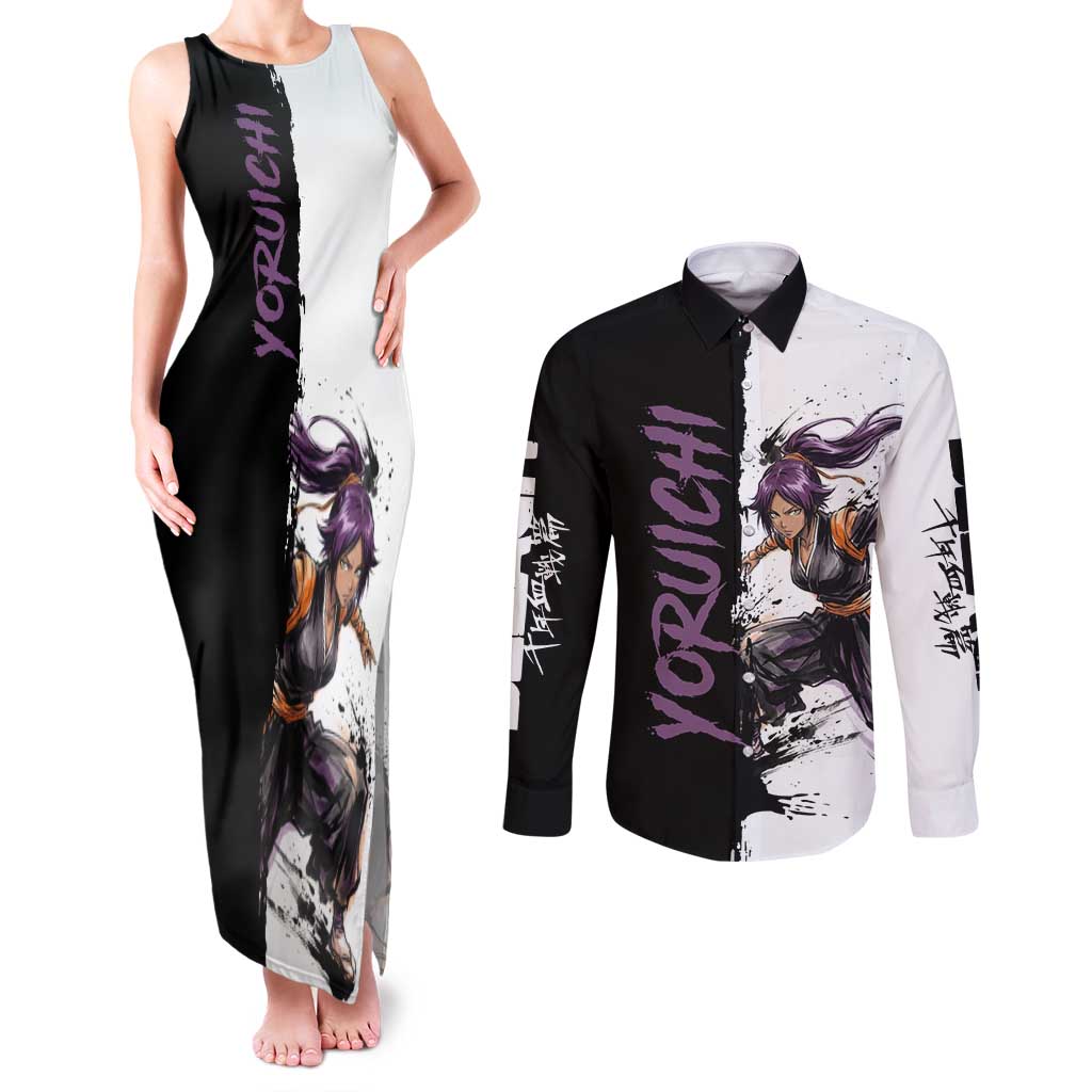 Personalized Yoruichi Shihouin Couples Matching Tank Maxi Dress and Long Sleeve Button Shirt Ink Splash Anime Brush Style