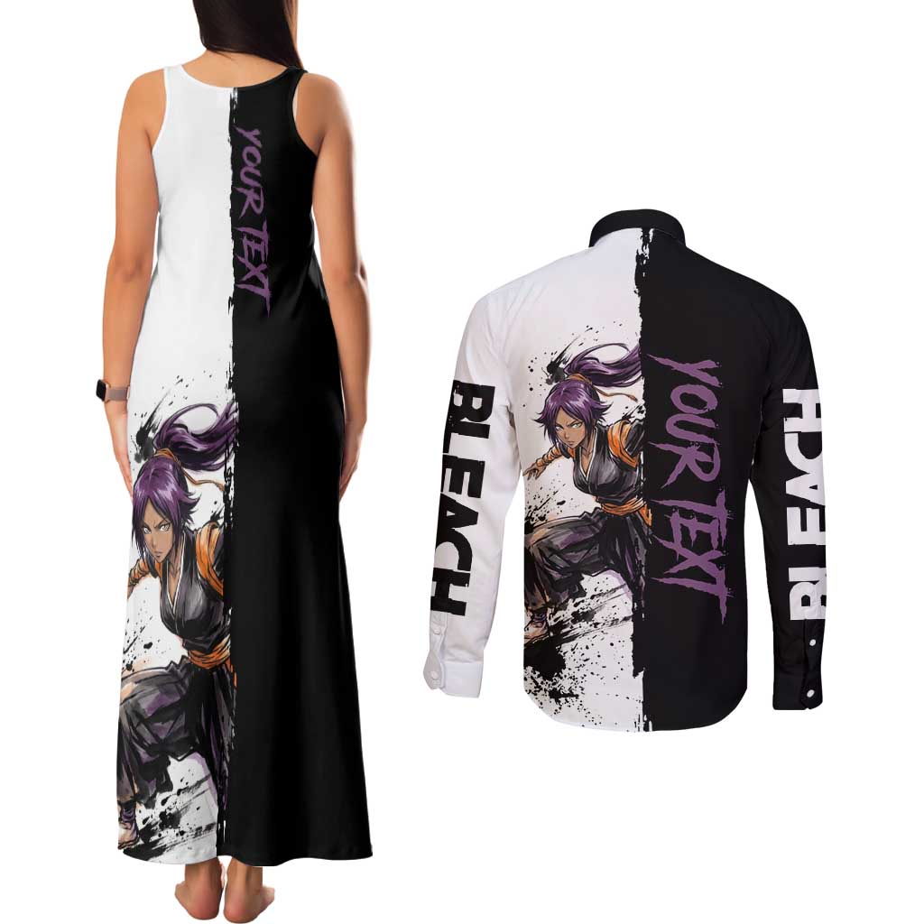 Personalized Yoruichi Shihouin Couples Matching Tank Maxi Dress and Long Sleeve Button Shirt Ink Splash Anime Brush Style