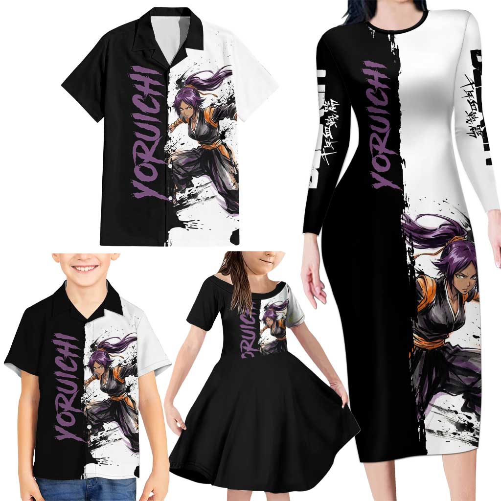 Personalized Yoruichi Shihouin Family Matching Long Sleeve Bodycon Dress and Hawaiian Shirt Ink Splash Anime Brush Style