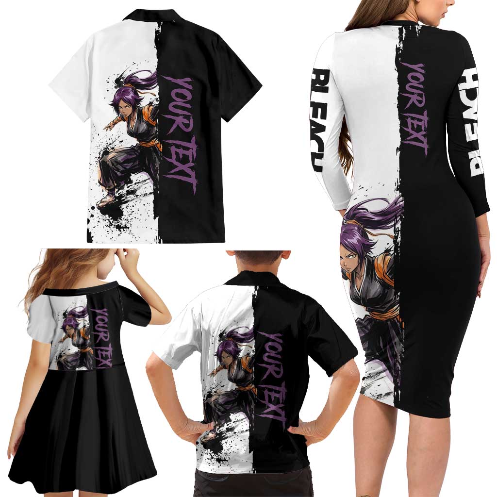 Personalized Yoruichi Shihouin Family Matching Long Sleeve Bodycon Dress and Hawaiian Shirt Ink Splash Anime Brush Style