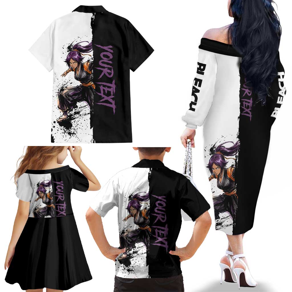 Personalized Yoruichi Shihouin Family Matching Off The Shoulder Long Sleeve Dress and Hawaiian Shirt Ink Splash Anime Brush Style