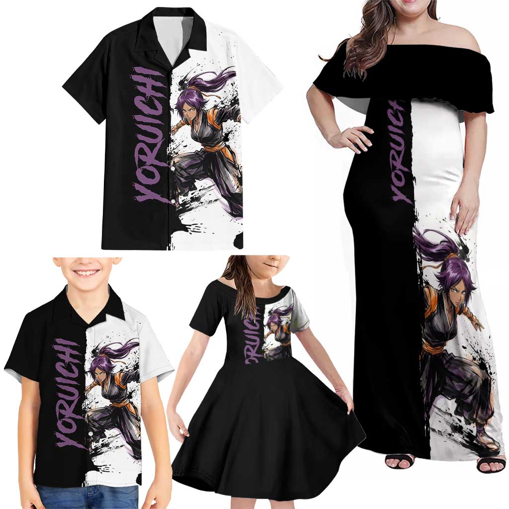 Personalized Yoruichi Shihouin Family Matching Off Shoulder Maxi Dress and Hawaiian Shirt Ink Splash Anime Brush Style