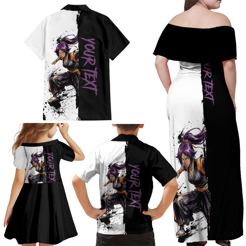 Personalized Yoruichi Shihouin Family Matching Off Shoulder Maxi Dress and Hawaiian Shirt Ink Splash Anime Brush Style