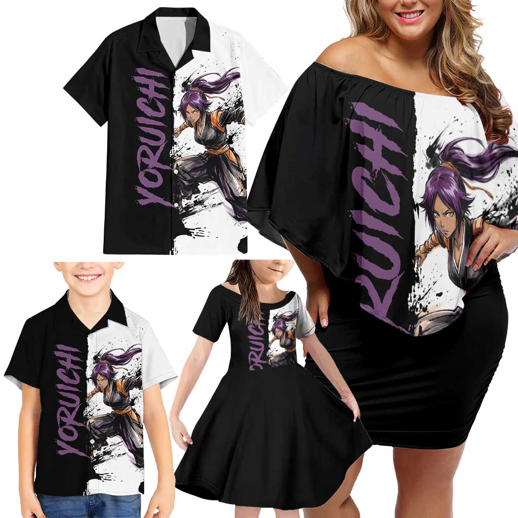 Personalized Yoruichi Shihouin Family Matching Off Shoulder Short Dress and Hawaiian Shirt Ink Splash Anime Brush Style