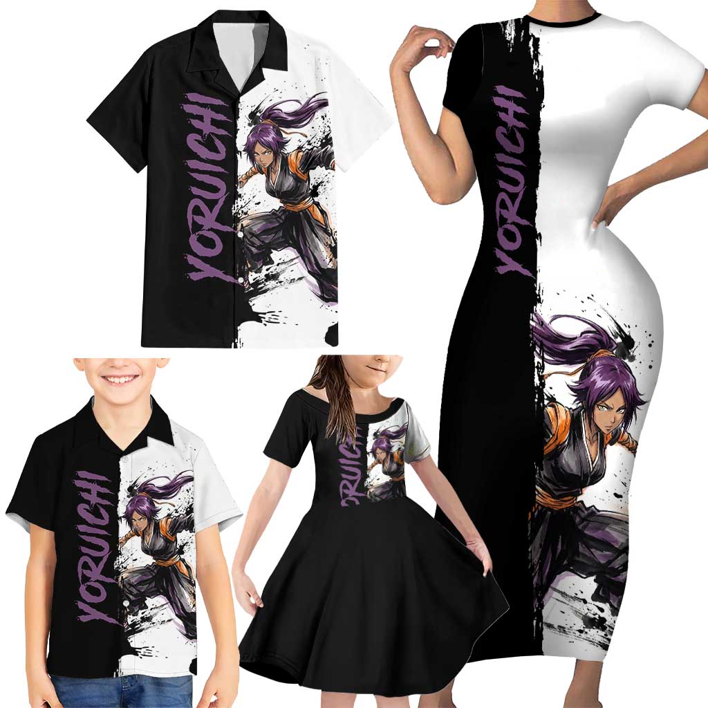 Personalized Yoruichi Shihouin Family Matching Short Sleeve Bodycon Dress and Hawaiian Shirt Ink Splash Anime Brush Style