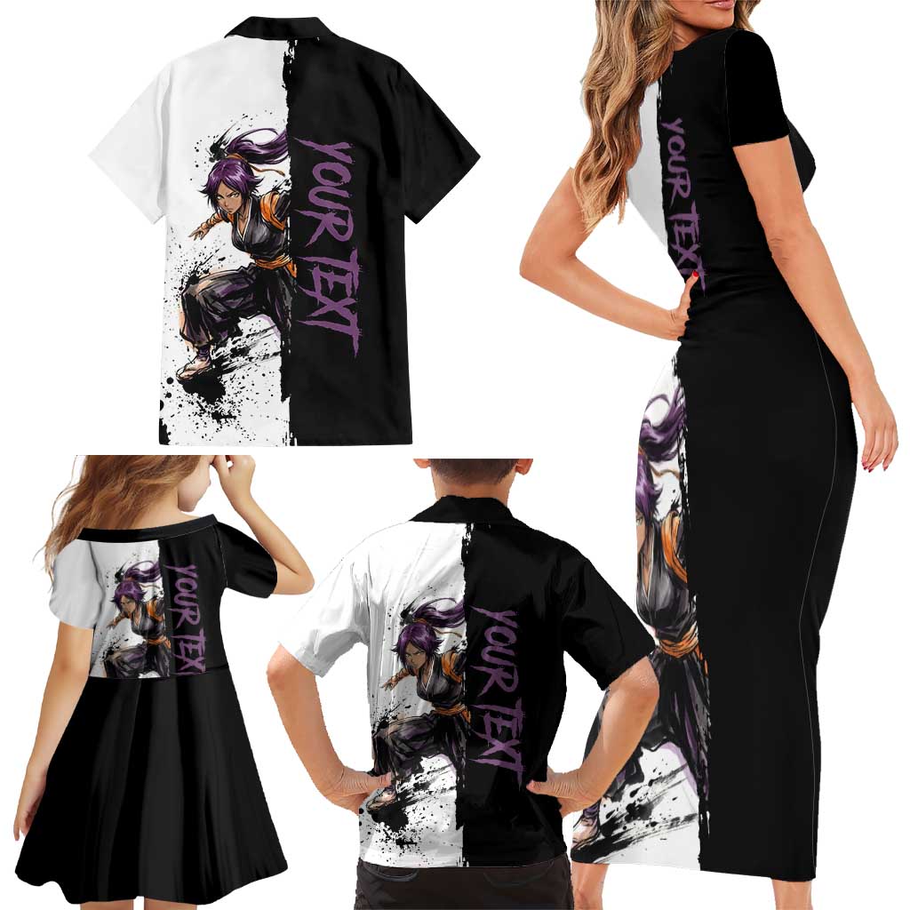 Personalized Yoruichi Shihouin Family Matching Short Sleeve Bodycon Dress and Hawaiian Shirt Ink Splash Anime Brush Style
