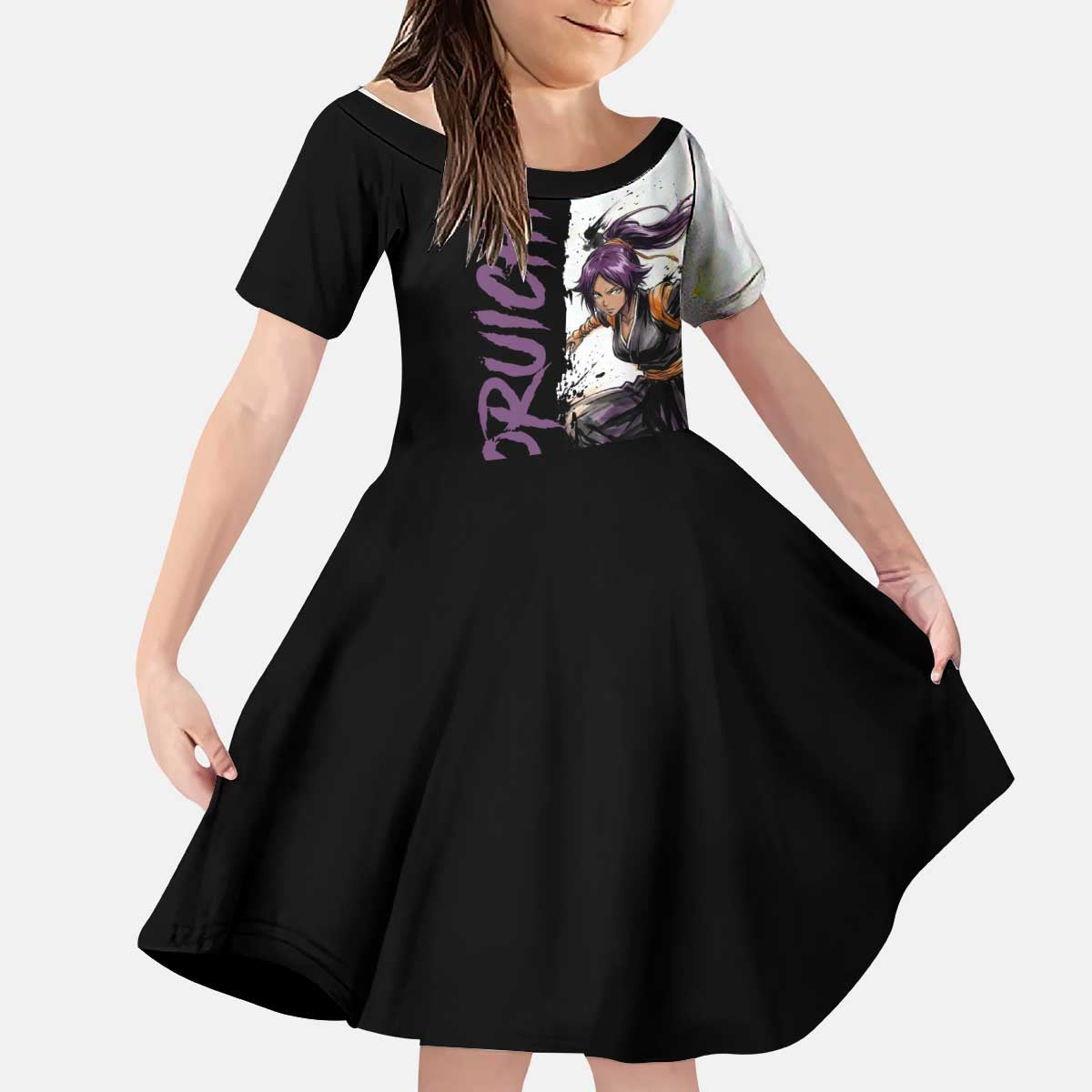 Personalized Yoruichi Shihouin Kid Short Sleeve Dress Ink Splash Anime Brush Style