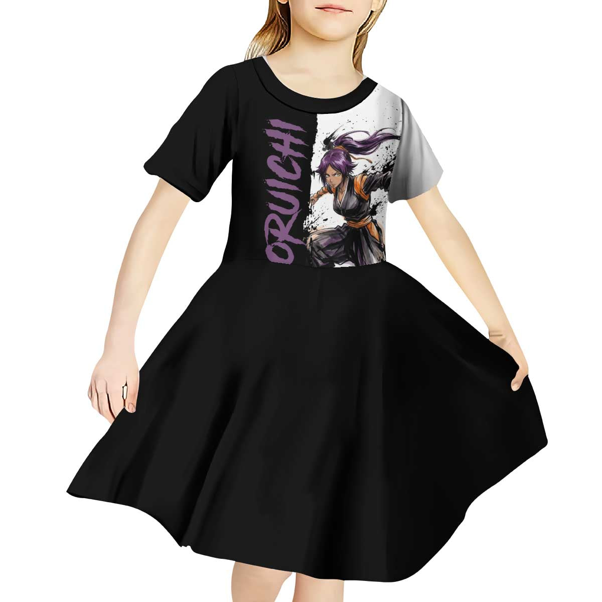 Personalized Yoruichi Shihouin Kid Short Sleeve Dress Ink Splash Anime Brush Style