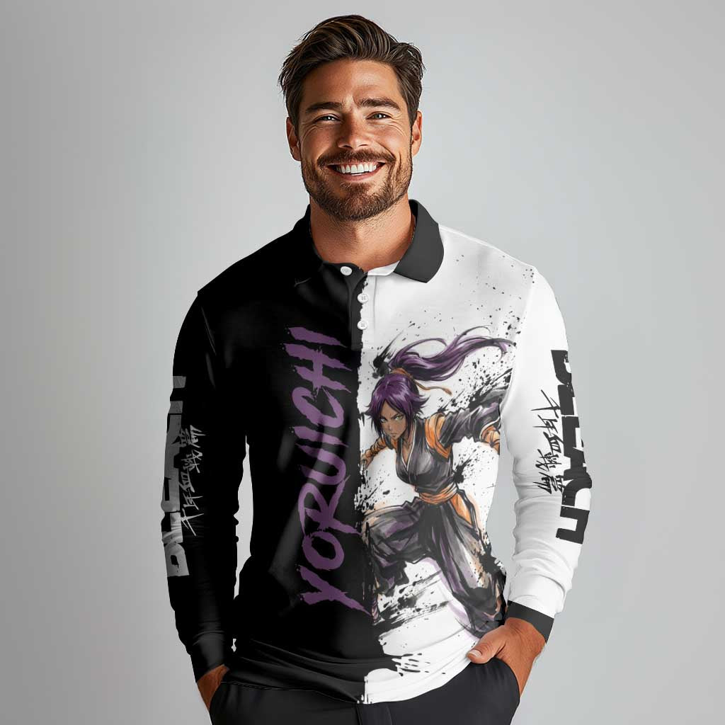 Personalized Yoruichi Shihouin Long Sleeve Polo Shirt Ink Splash Anime Brush Style