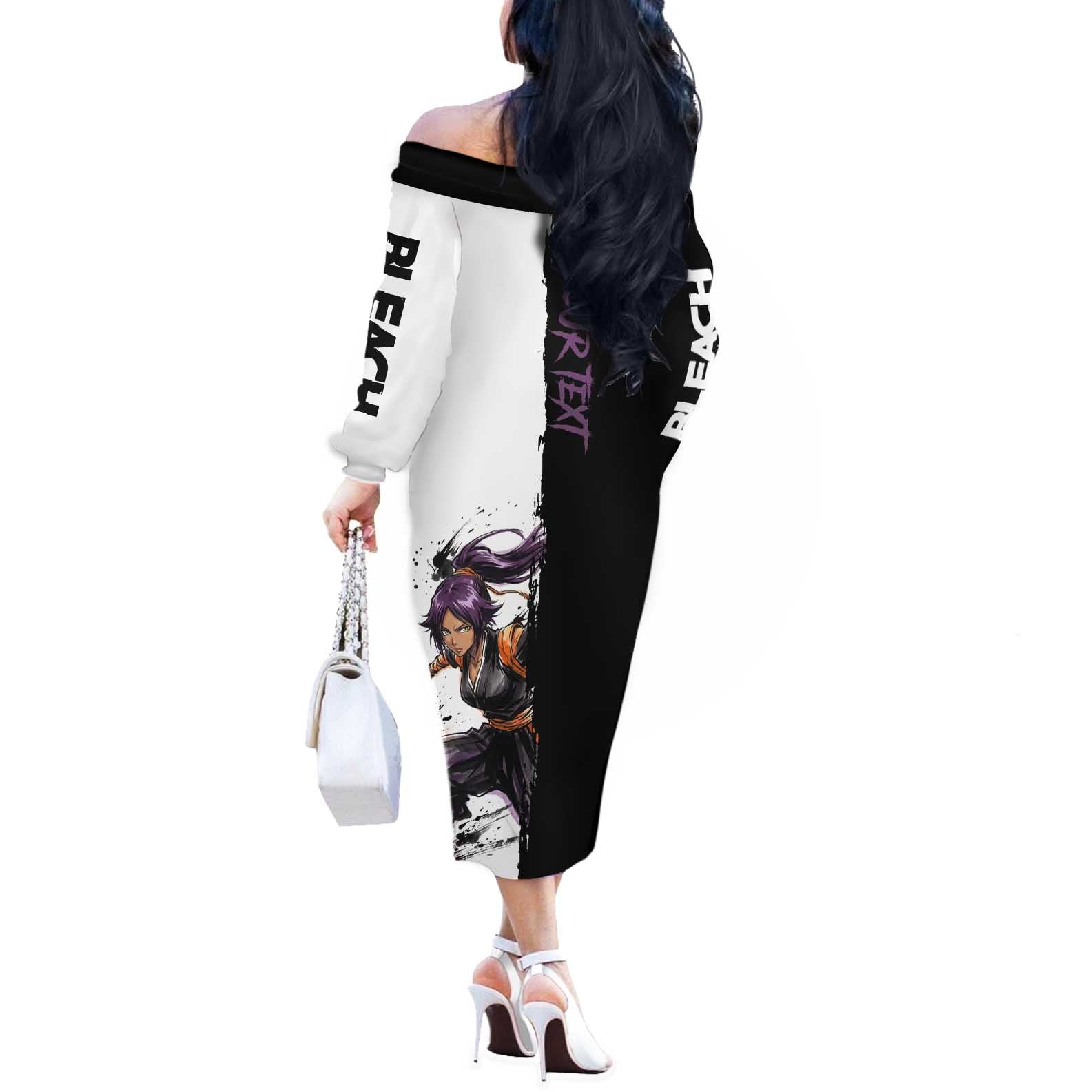 Personalized Yoruichi Shihouin Off The Shoulder Long Sleeve Dress Ink Splash Anime Brush Style