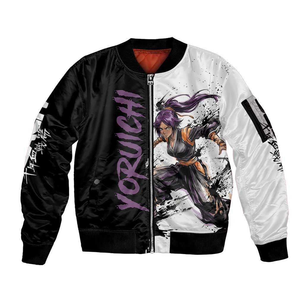 Personalized Yoruichi Shihouin Sleeve Zip Bomber Jacket Ink Splash Anime Brush Style