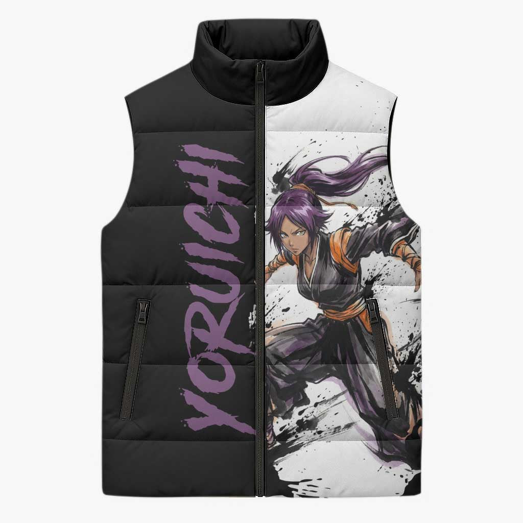 Personalized Yoruichi Shihouin Sleeveless Puffer Jacket Ink Splash Anime Brush Style