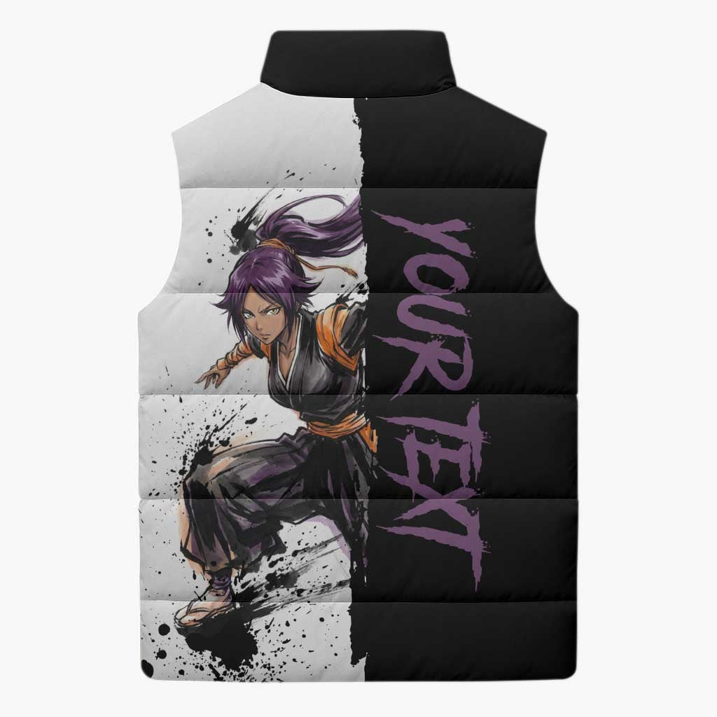 Personalized Yoruichi Shihouin Sleeveless Puffer Jacket Ink Splash Anime Brush Style