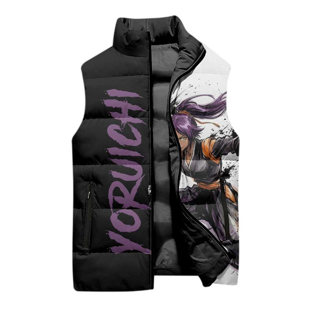 Personalized Yoruichi Shihouin Sleeveless Puffer Jacket Ink Splash Anime Brush Style