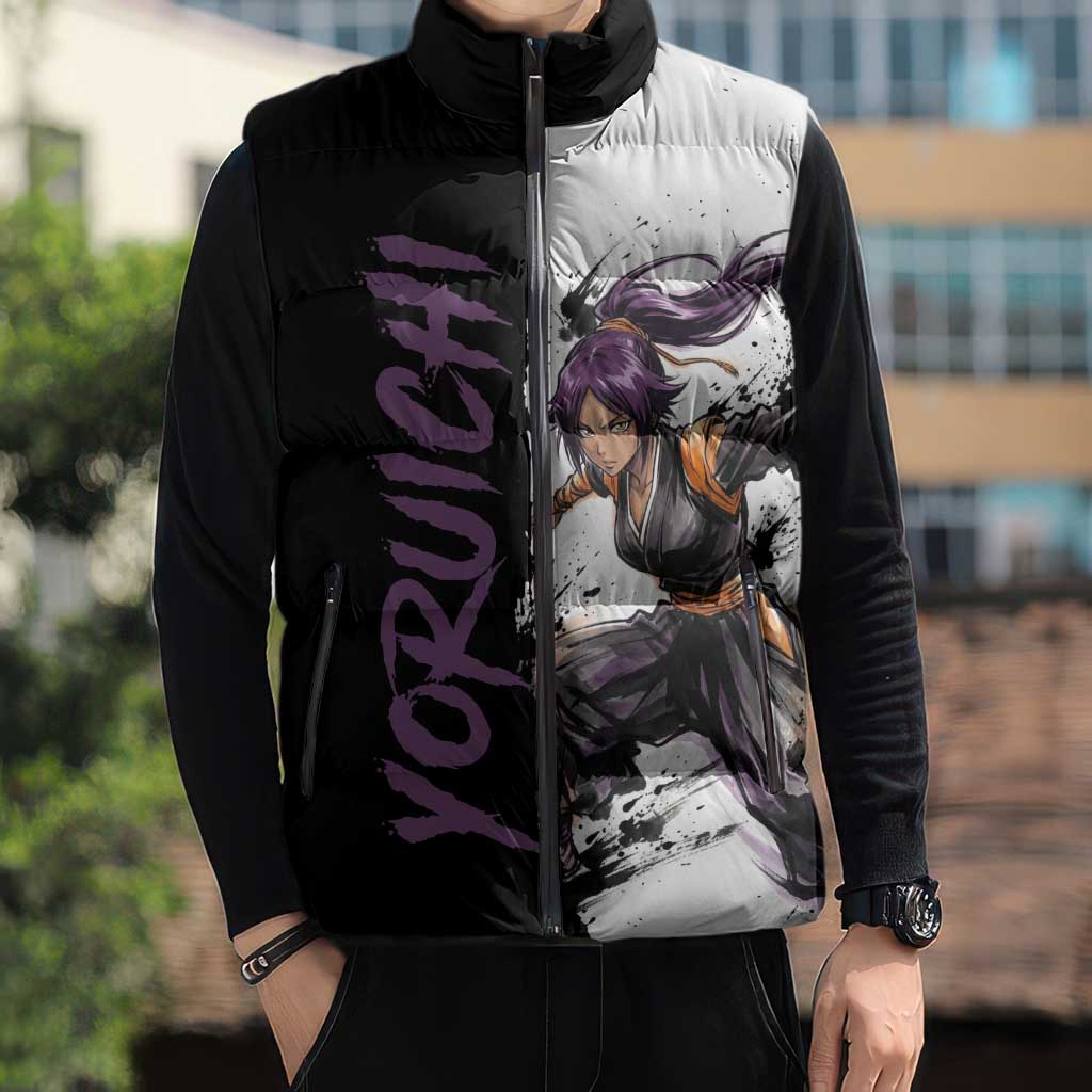 Personalized Yoruichi Shihouin Sleeveless Puffer Jacket Ink Splash Anime Brush Style