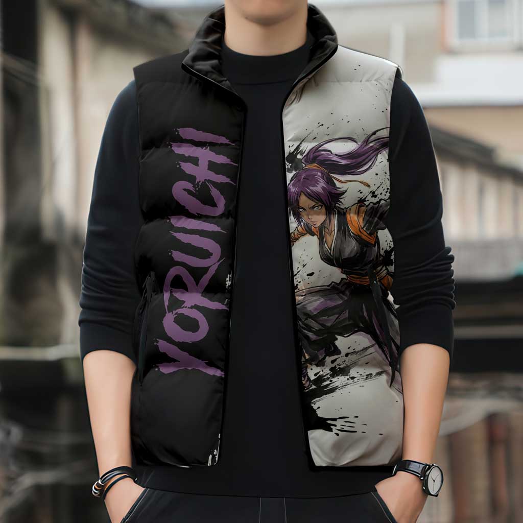 Personalized Yoruichi Shihouin Sleeveless Puffer Jacket Ink Splash Anime Brush Style