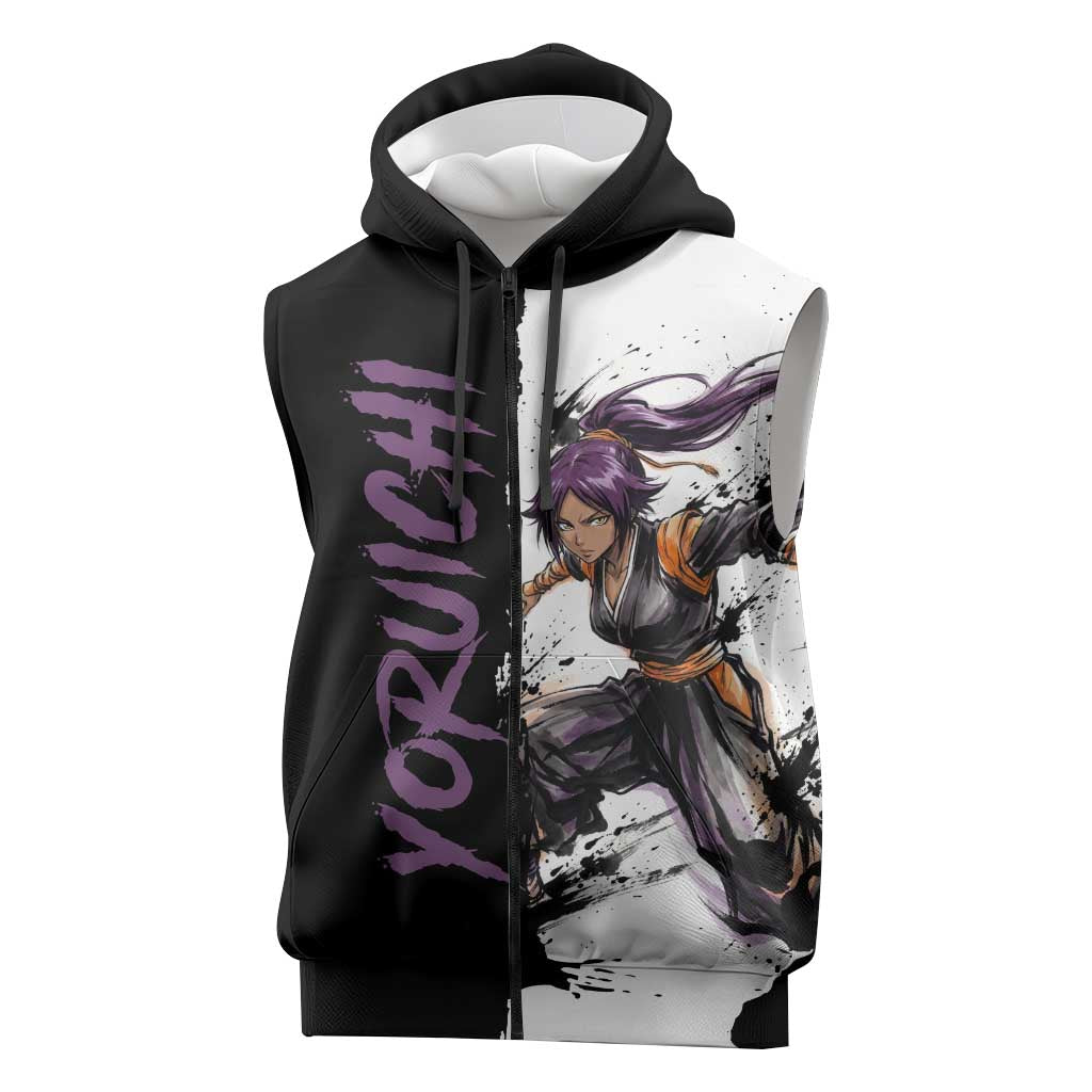 Personalized Yoruichi Shihouin Sleeveless Zip Hoodie Ink Splash Anime Brush Style