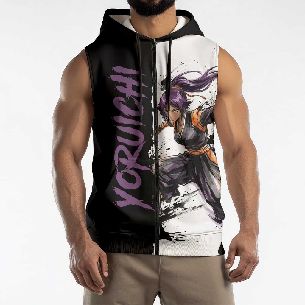 Personalized Yoruichi Shihouin Sleeveless Zip Hoodie Ink Splash Anime Brush Style