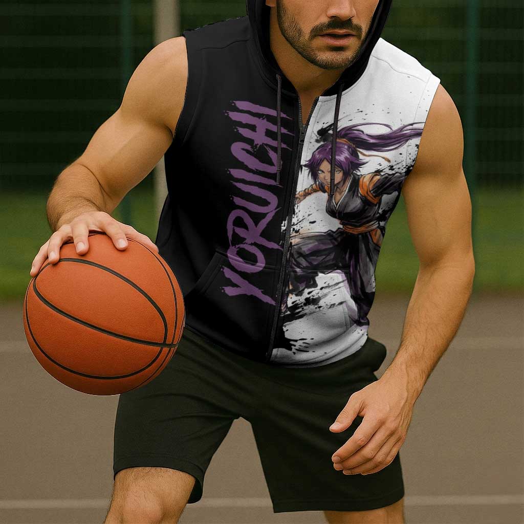Personalized Yoruichi Shihouin Sleeveless Zip Hoodie Ink Splash Anime Brush Style