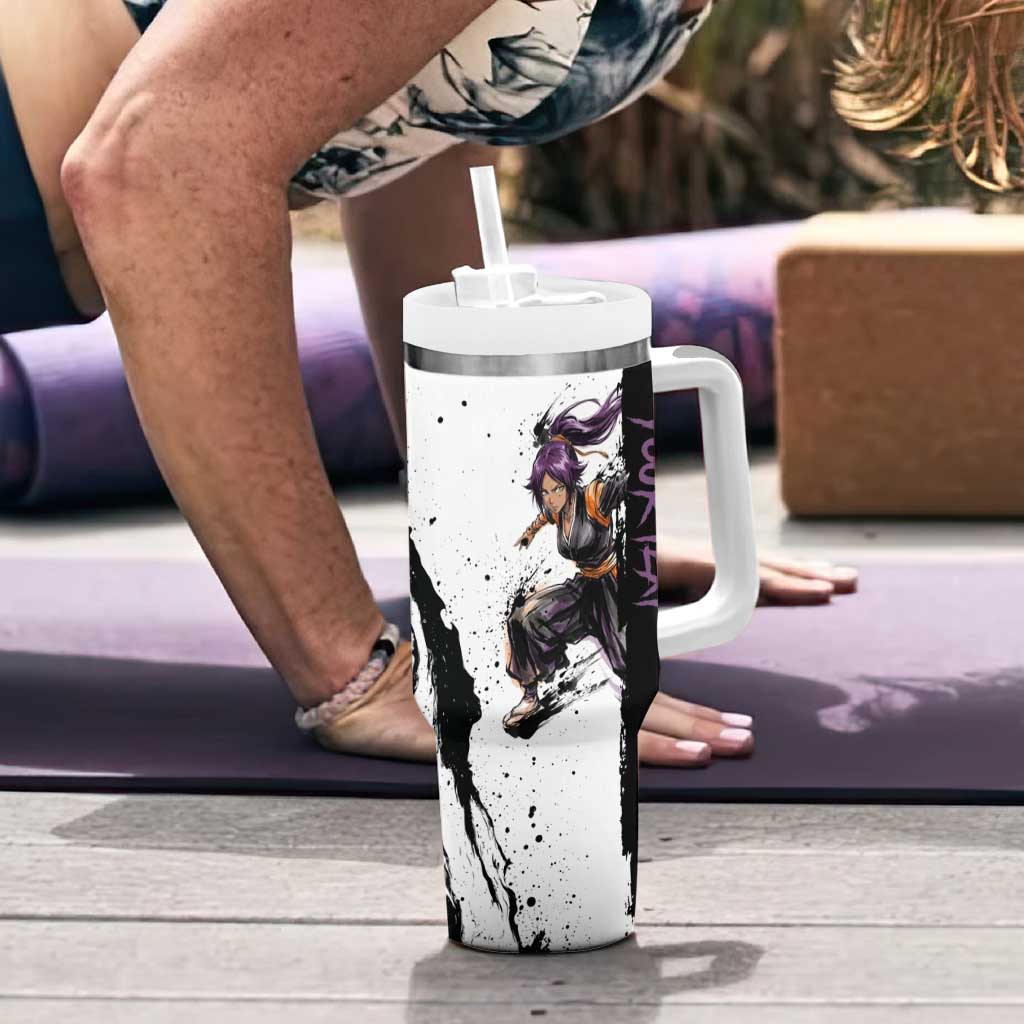 Personalized Yoruichi Shihouin Tumbler With Handle Ink Splash Anime Brush Style