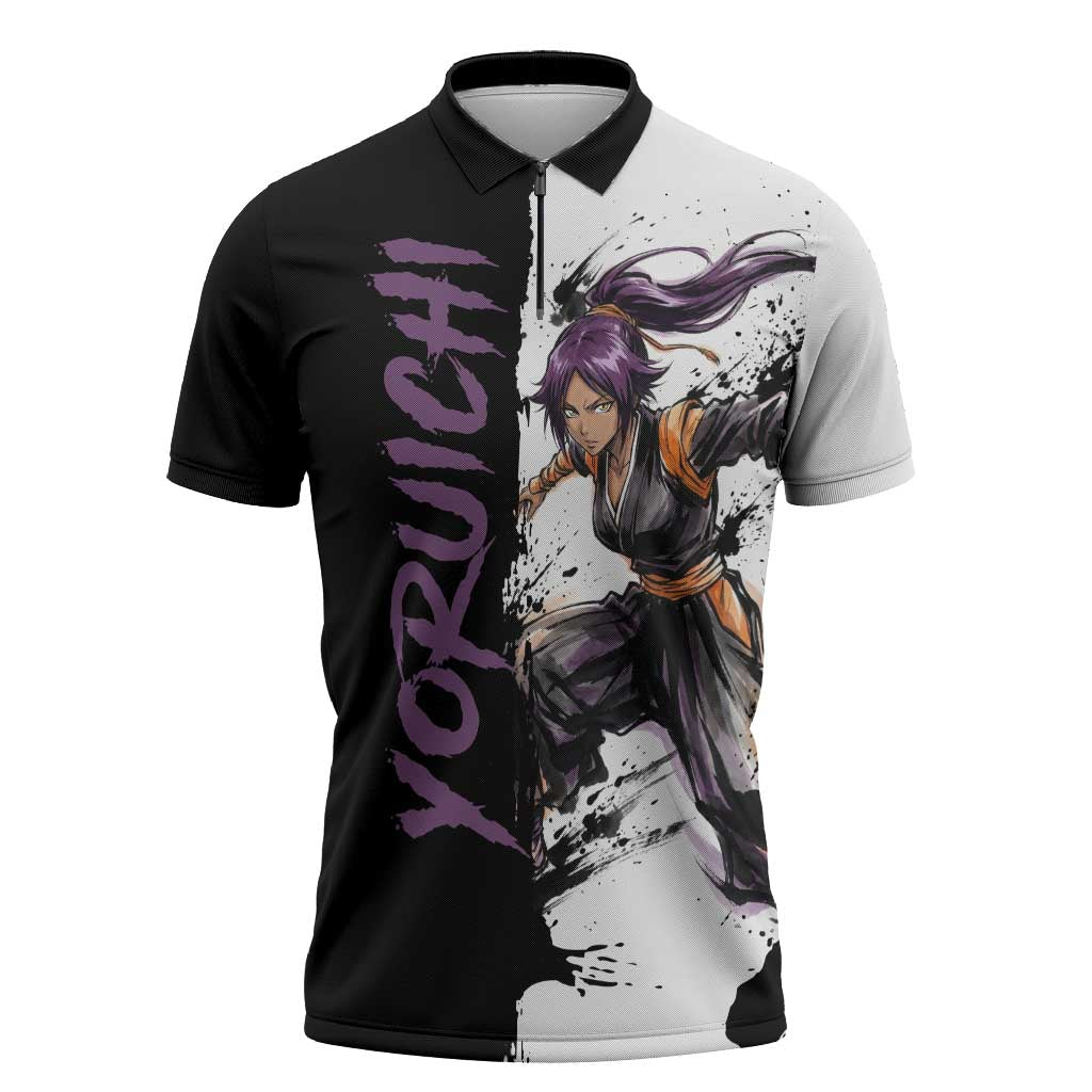 Personalized Yoruichi Shihouin Zipper Polo Shirt Ink Splash Anime Brush Style