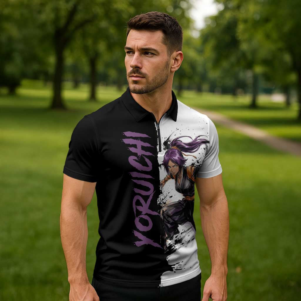 Personalized Yoruichi Shihouin Zipper Polo Shirt Ink Splash Anime Brush Style