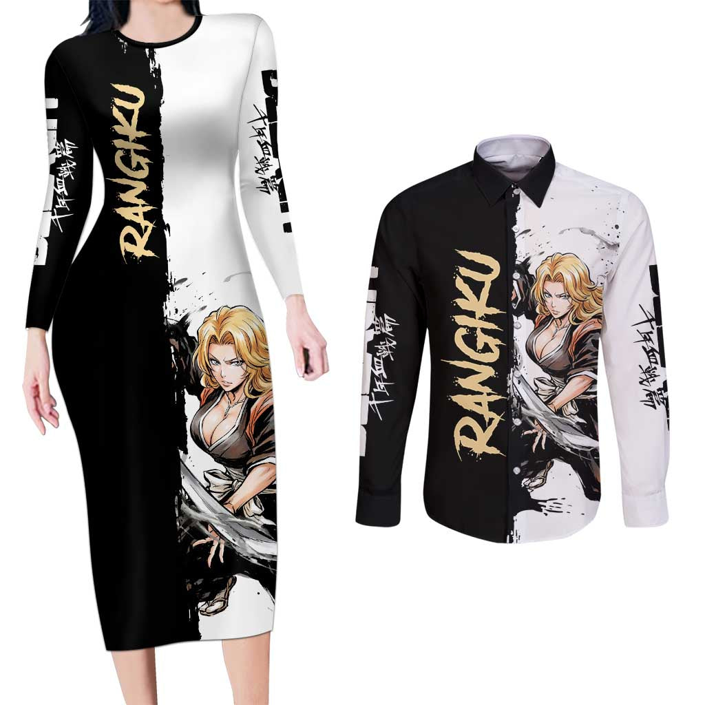 Personalized Rangiku Matsumoto Couples Matching Long Sleeve Bodycon Dress and Long Sleeve Button Shirt Ink Splash Anime Brush Style