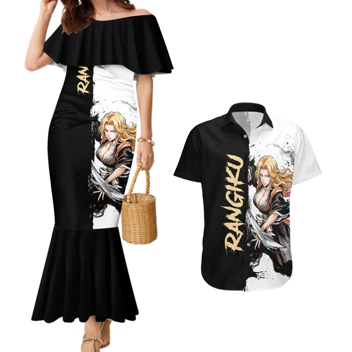 Personalized Rangiku Matsumoto Couples Matching Mermaid Dress and Hawaiian Shirt Ink Splash Anime Brush Style