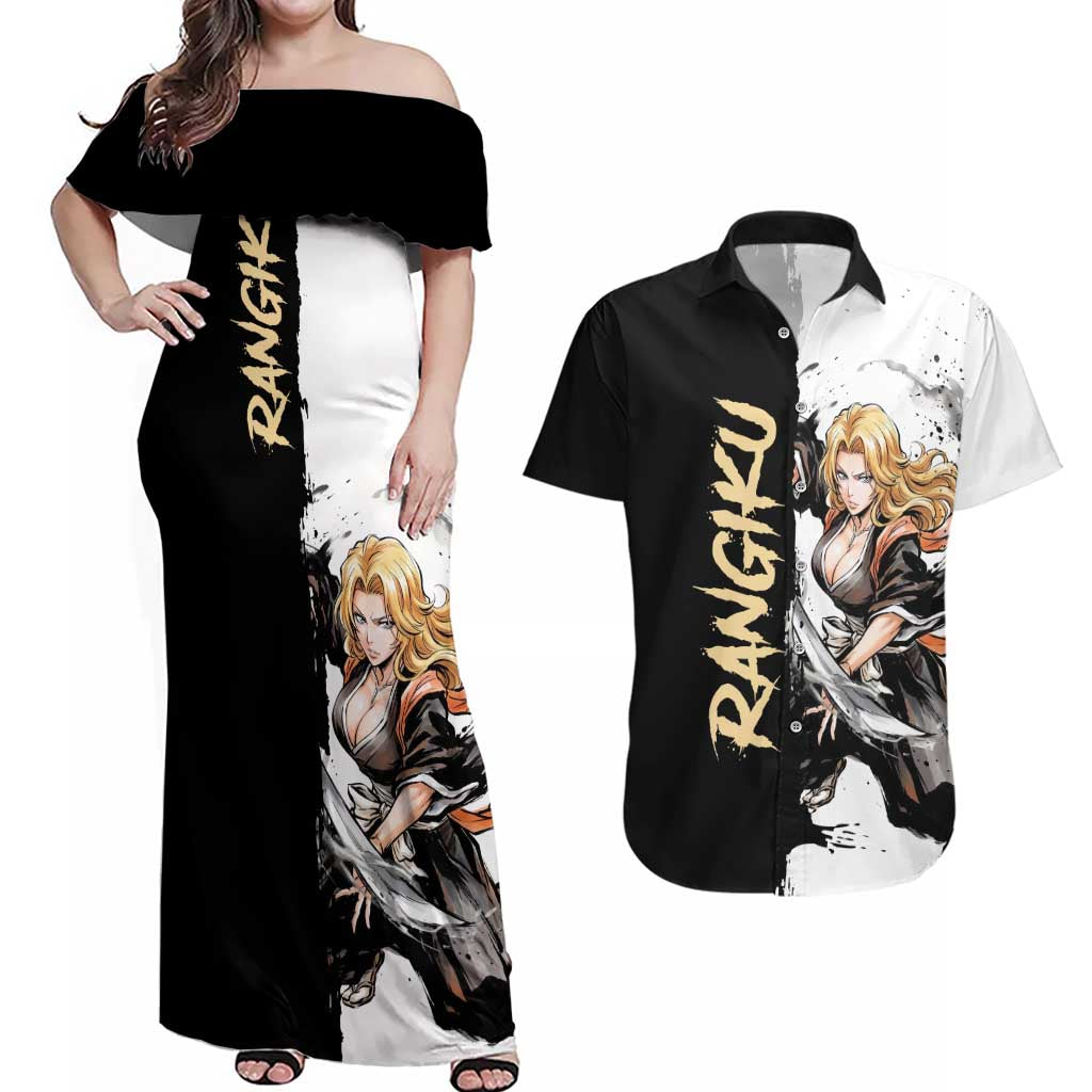 Personalized Rangiku Matsumoto Couples Matching Off Shoulder Maxi Dress and Hawaiian Shirt Ink Splash Anime Brush Style