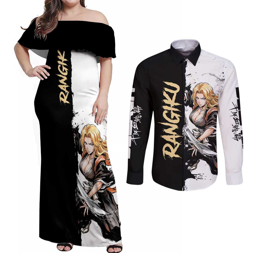 Personalized Rangiku Matsumoto Couples Matching Off Shoulder Maxi Dress and Long Sleeve Button Shirt Ink Splash Anime Brush Style