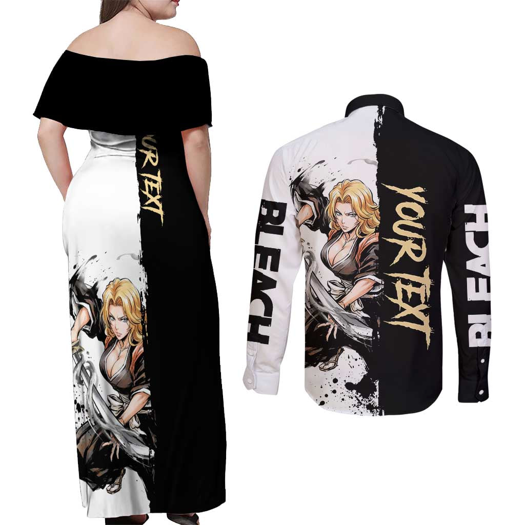 Personalized Rangiku Matsumoto Couples Matching Off Shoulder Maxi Dress and Long Sleeve Button Shirt Ink Splash Anime Brush Style